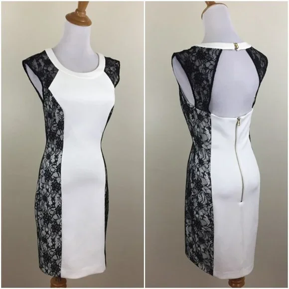 Guess | Dresses | Guess White Black Lace Insert Open Back Hourglass  Silhouette Slimming Look Dress | Poshmark